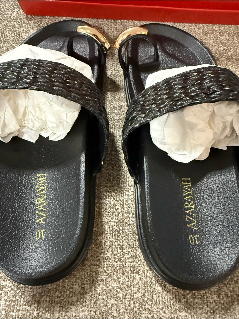 Black Braided Slide Sandals with Gold Accent - Picture 4 of 8